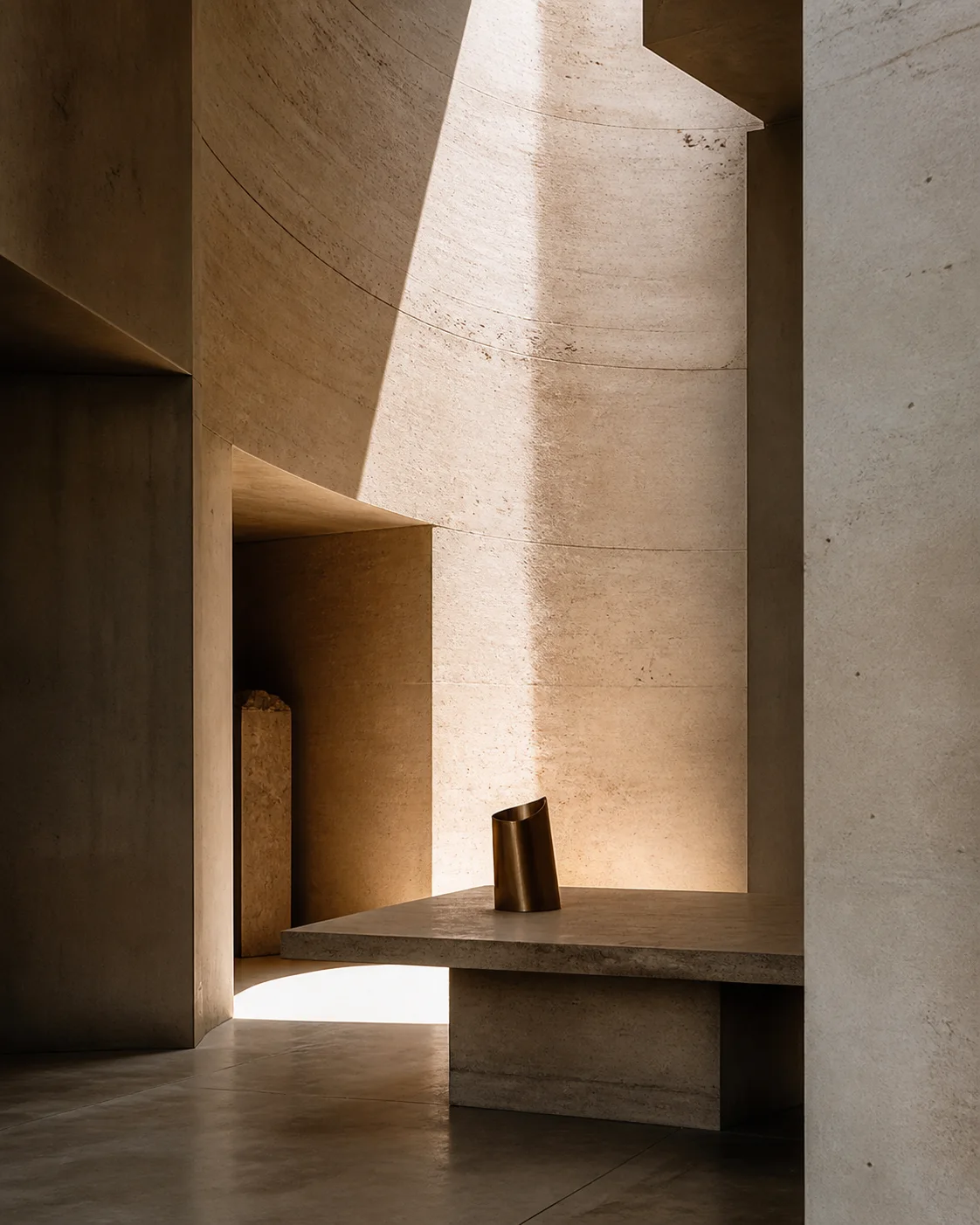 Sunlight moving across warm travertine architecture and a sculptural brass object